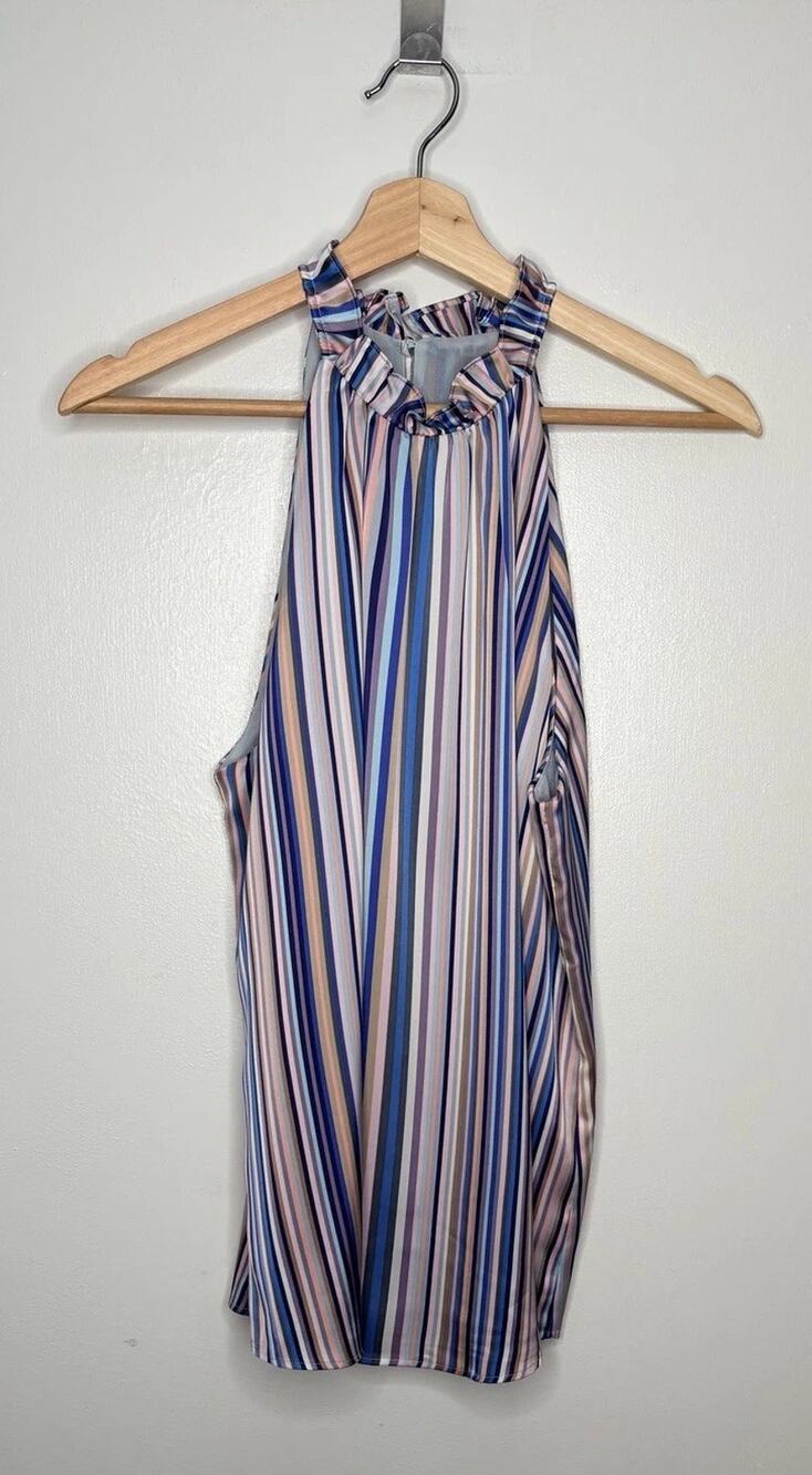 White House Black Market Women's Striped Blue Halter Top Size 6